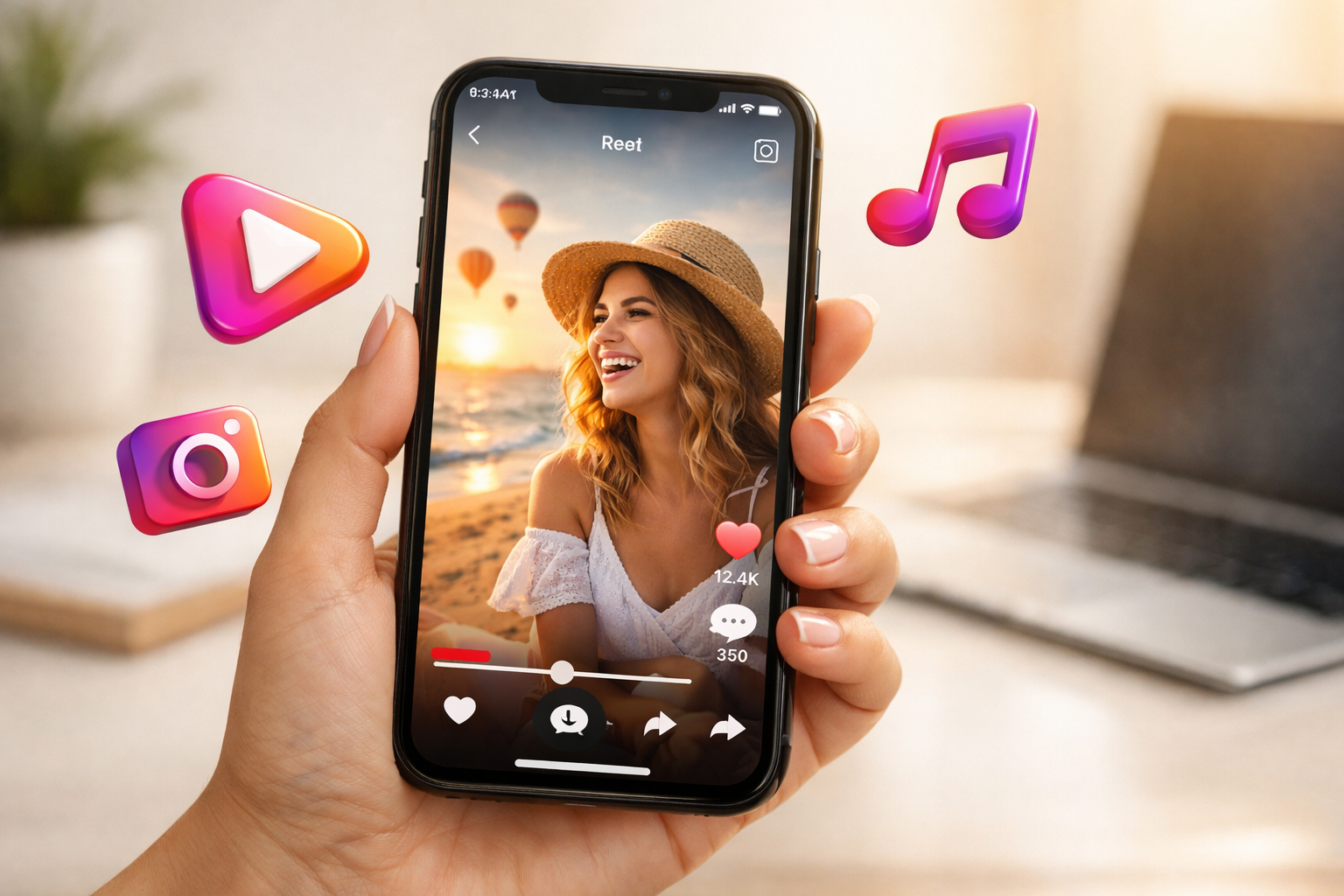 Smartphone con un Instagram Reel in riproduzione, circondato da icone di engagement.