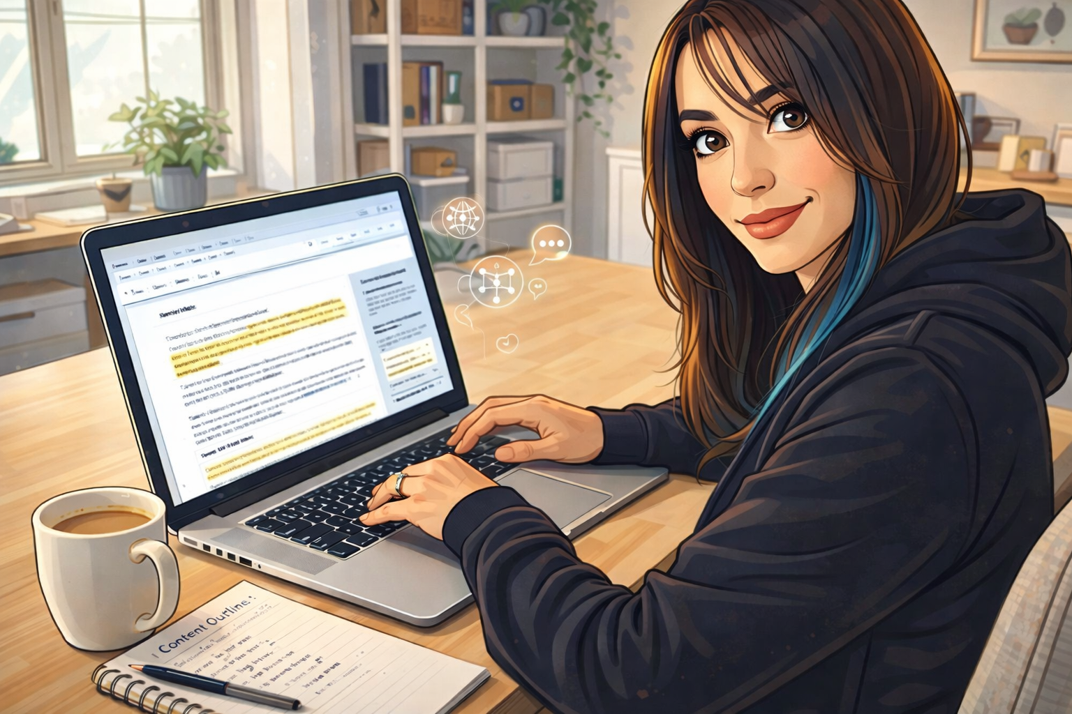 Copywriter al laptop che rivede un testo con note e struttura editoriale nell’era dell’AI