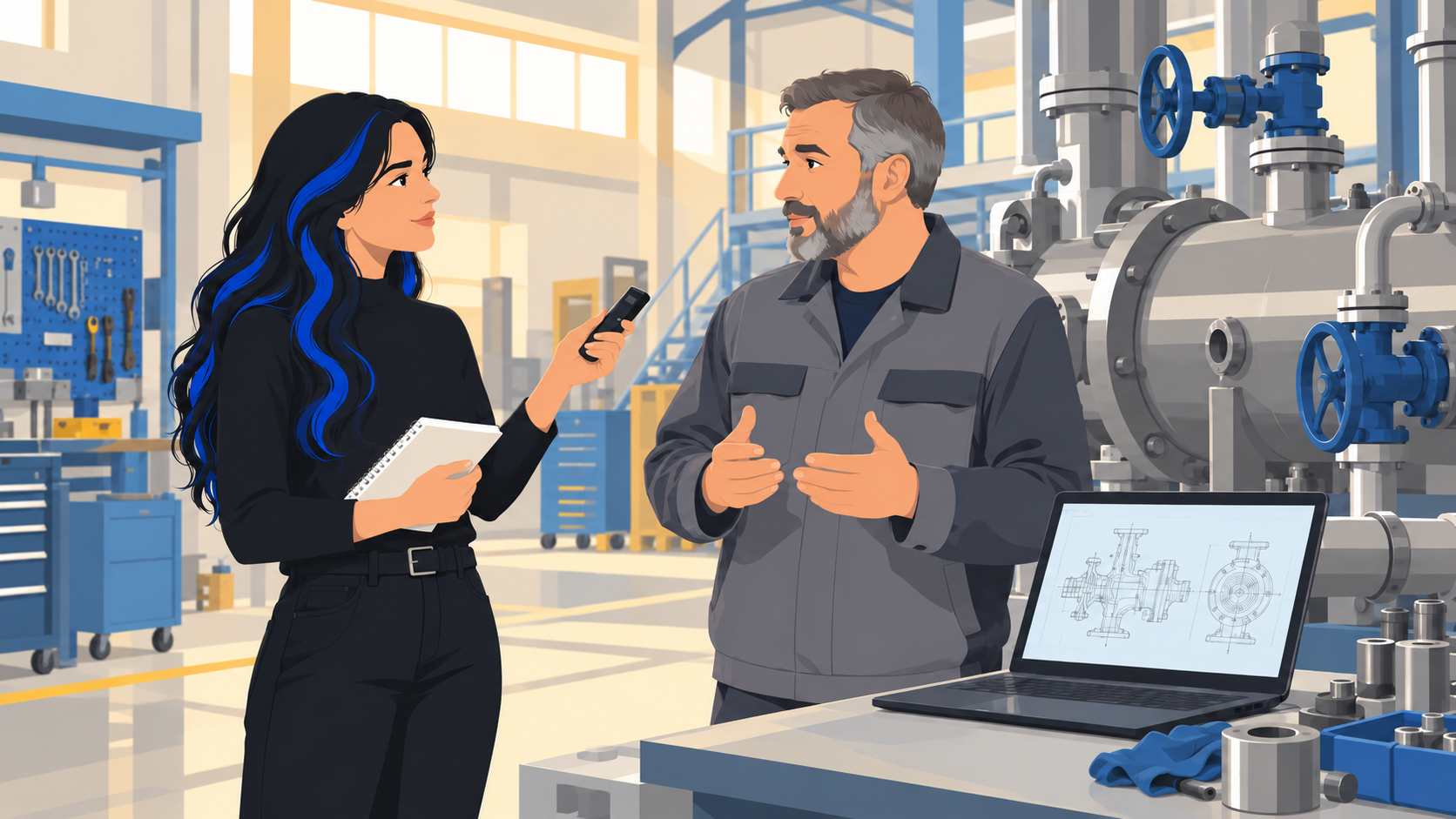 B2B content writer intervista un tecnico accanto a un macchinario industriale con taccuino e registratore