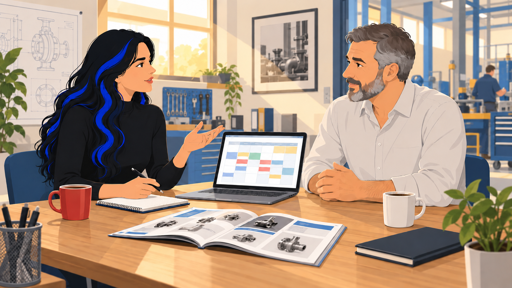 Gestione blog aziendale: copywriter e titolare d’azienda rivedono il calendario editoriale al portatile
